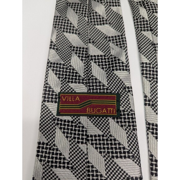 Villa Bugatti Geometric Black/White Silk Pointed Classic Necktie Tie - Picture 7 of 8